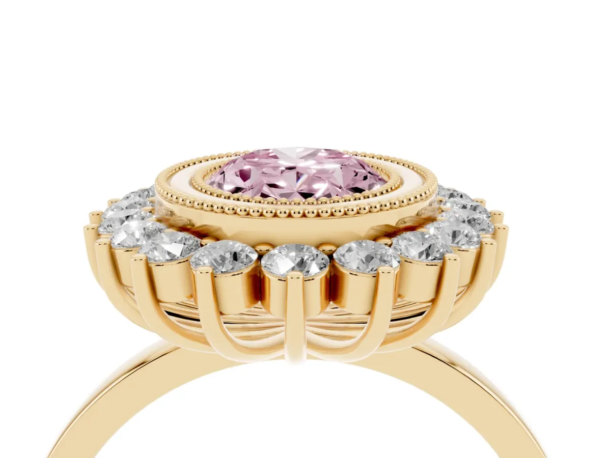 Fancy Pink Oval Cut Halo Diamond Ring with Milgrain Edge and Round Prong Setting Yellow gold