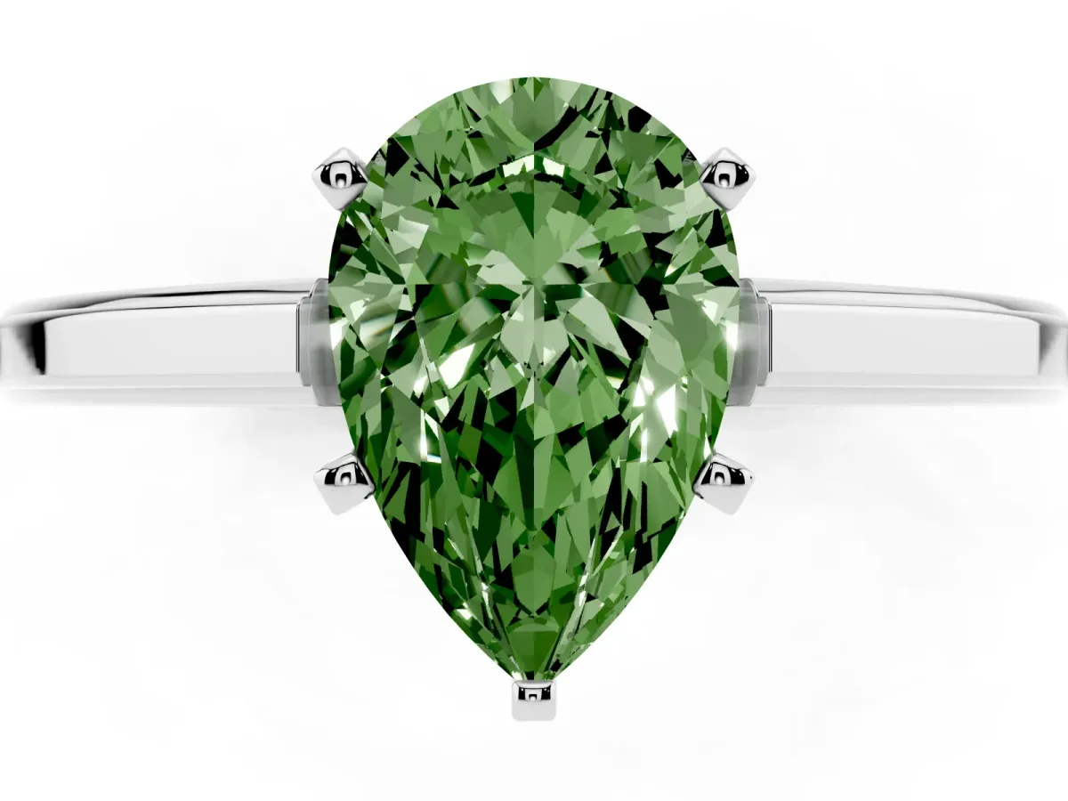 Fancy Green Pear Cut Solitaire Diamond Ring with Four-Prong Setting and Classic Band Silver