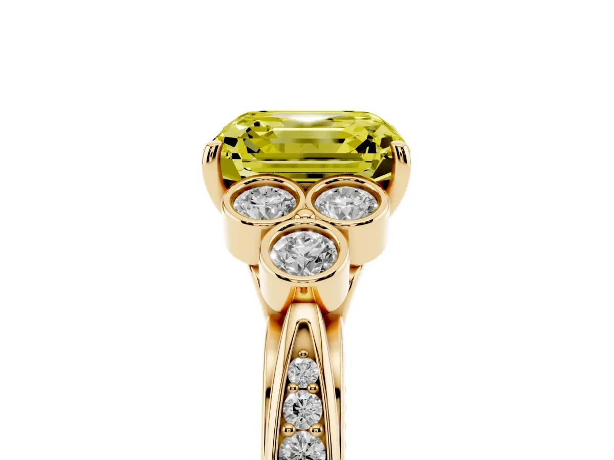 Fancy Yellow Asscher Cut Cut Diamond Engagement Ring with Bezel Set Round Side Stones and Prong Setting Yellow gold