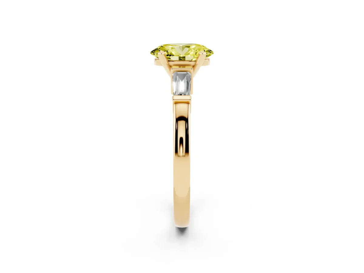 Fancy Yellow Oval Cut Cut Diamond Solitaire Ring with Tapered Baguette Accents and Four-Prong Setting Yellow gold