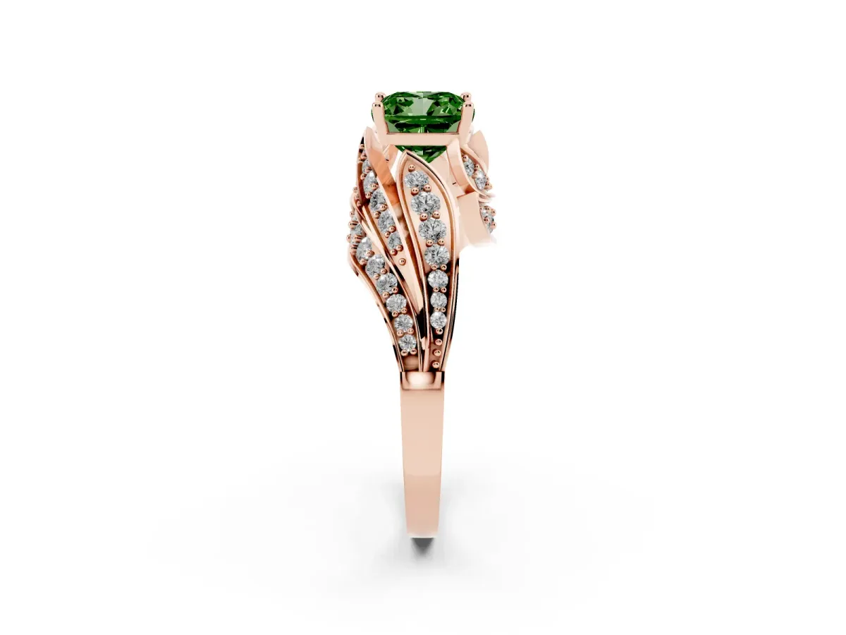 Fancy Green Cushion Cut Diamond Solitaire Ring with Prong Setting and Twisted Pavé Band Rose gold
