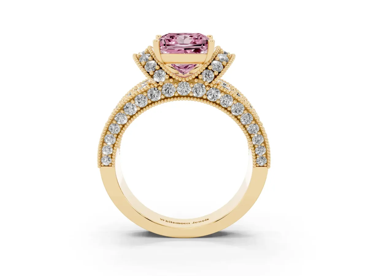 Fancy Pink Princess Cut Halo Pave Diamond Engagement Ring with Milgrain Detailing Yellow gold