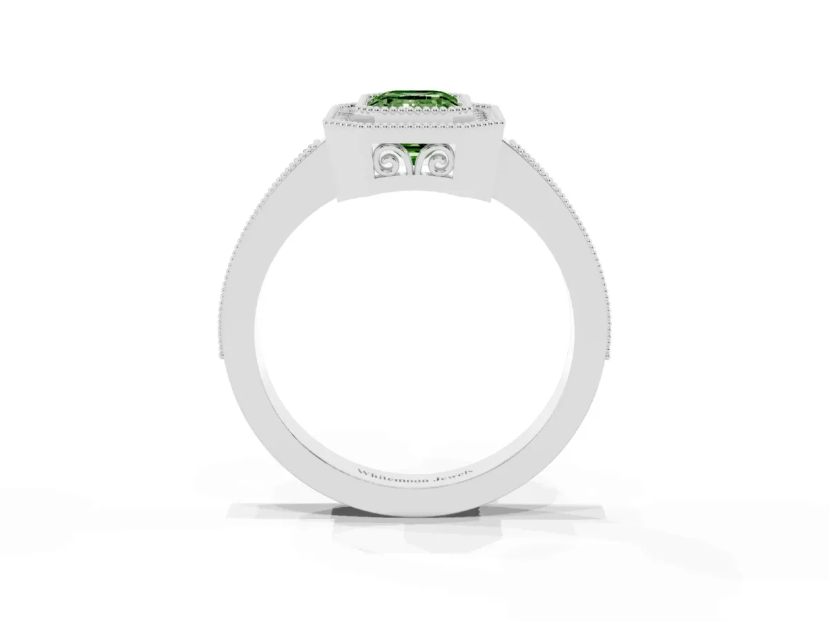 Fancy Green Emerald Cut Cut Halo Diamond Ring with Pavé Band and Milgrain Prong Setting White gold