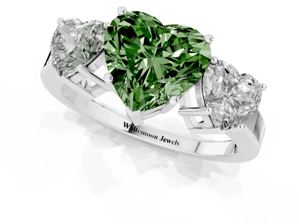 Fancy Green Three-Stone Heart Cut Cut Diamond Engagement Ring with Flat Band and Four-Prong Setting Silver