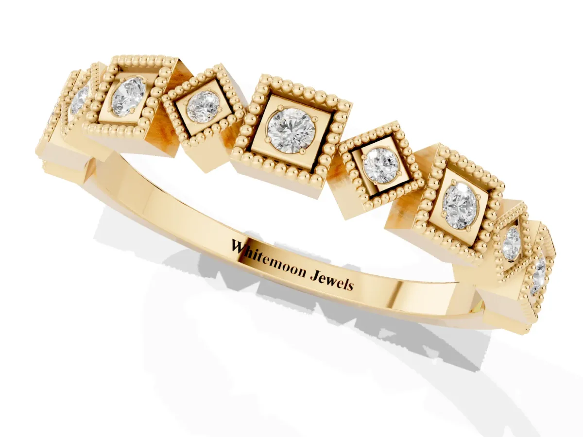 Milgrain Square Diamond Eternity Band with Bezel Setting Yellow gold