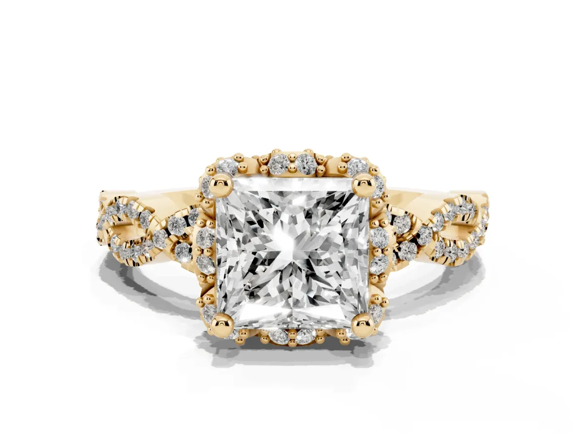 Princess Cut Halo Twist Band Solitaire Ring with Six-Prong Setting Yellow gold