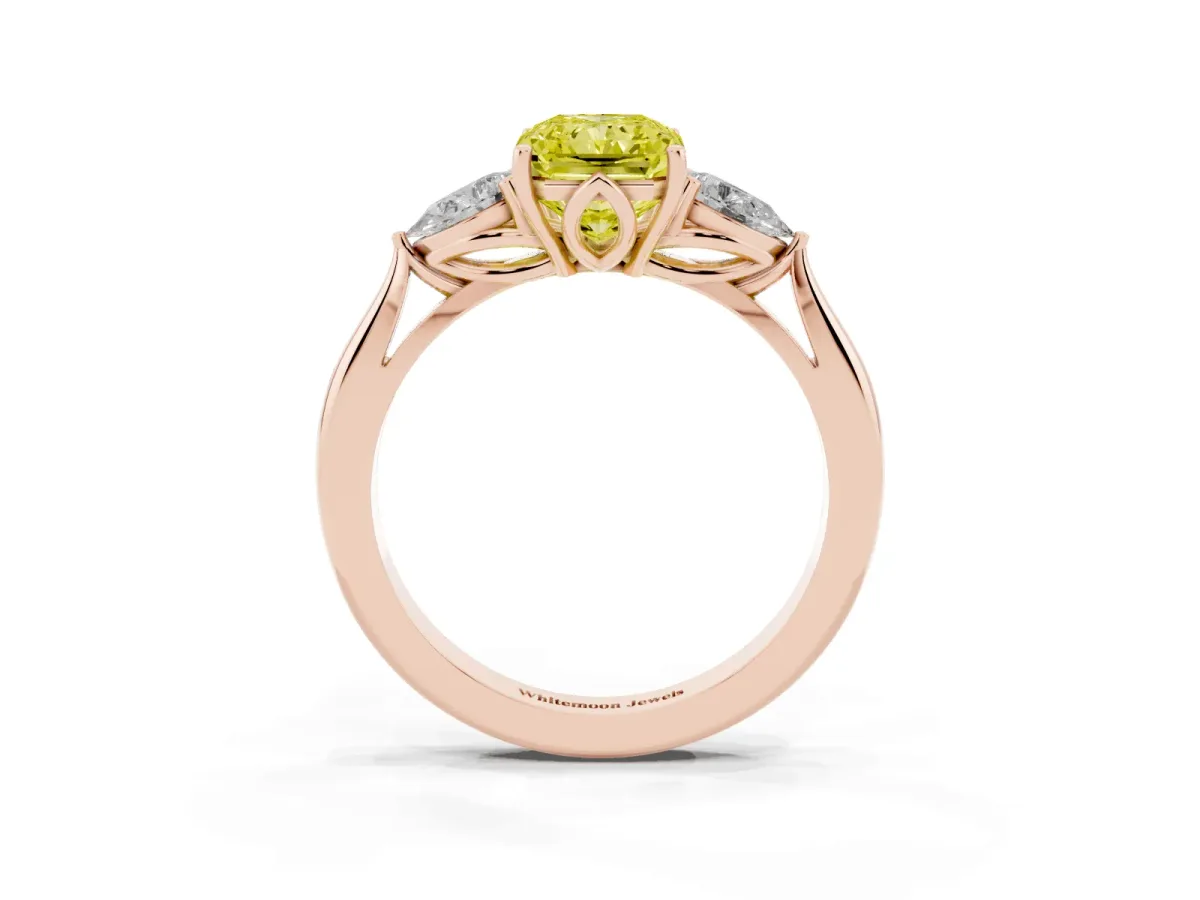 Fancy Yellow Three-Stone Radiant Cut Diamond Ring with Pear Side Stones in Four-Prong Setting Rose gold
