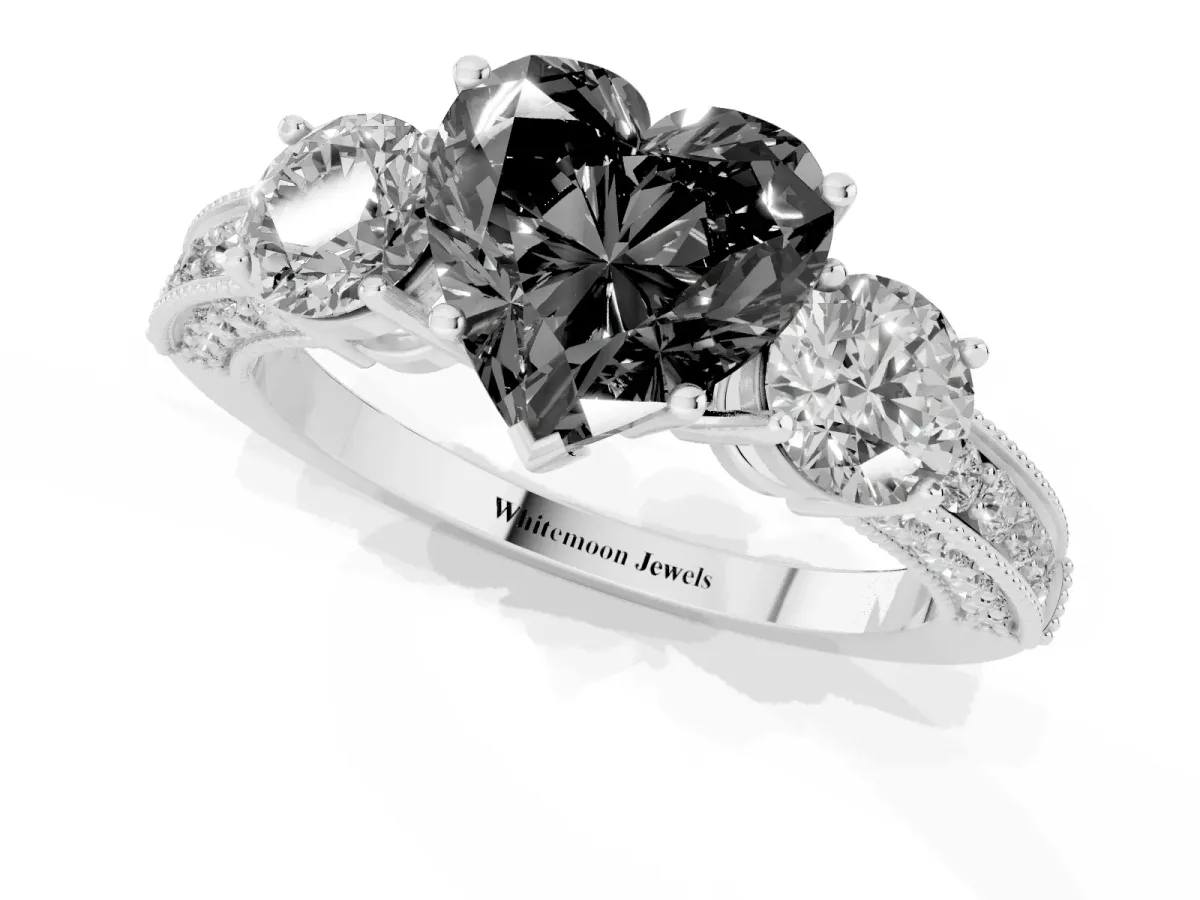 Fancy Black Heart Cut Three-Stone Diamond Ring with Pavé Band and Four-Prong Setting Silver