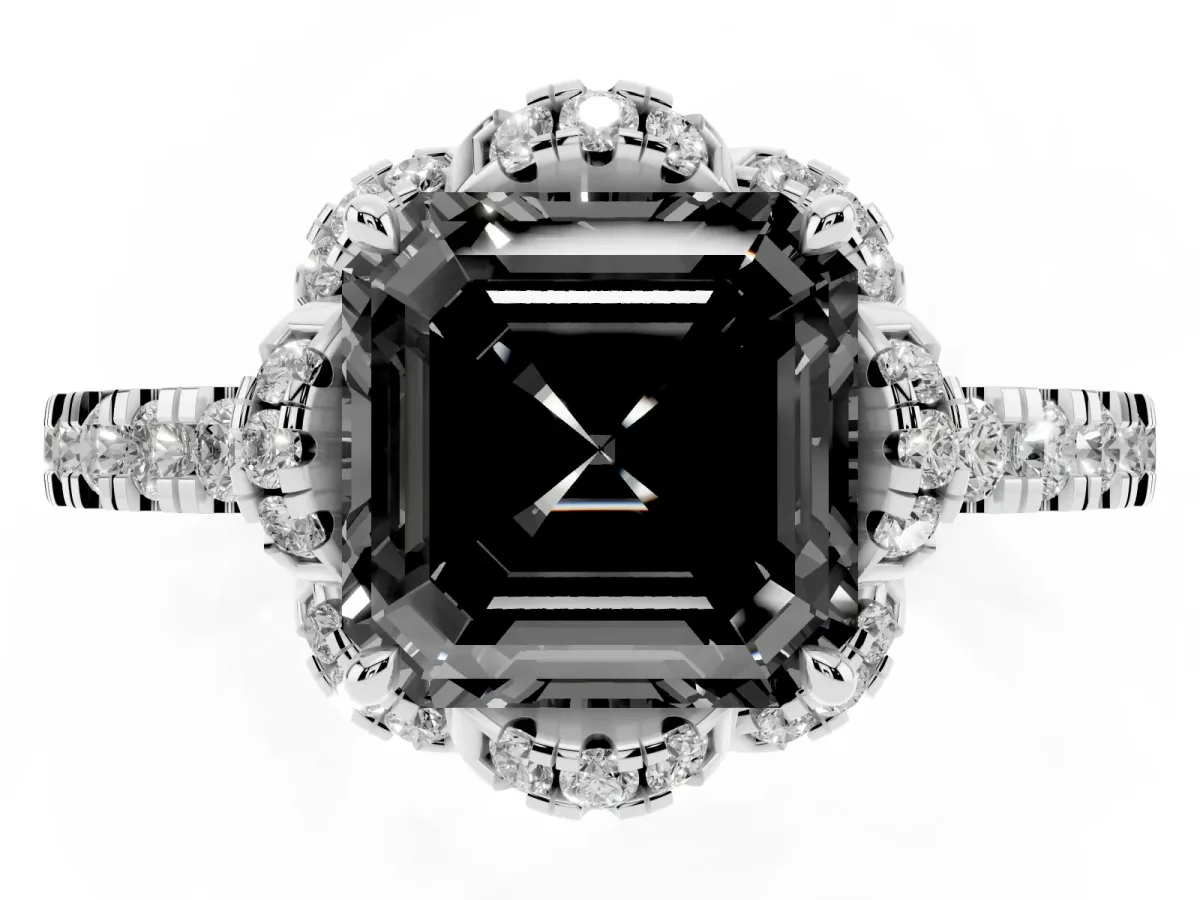 Fancy Black Asscher Cut Diamond Halo Pave Band with Four-Prong Setting Silver