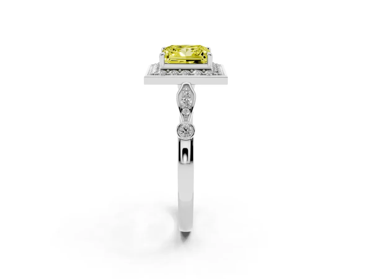 Fancy Yellow Princess Cut Halo Diamond Engagement Ring with Twisted Band and Four-Prong Setting Silver