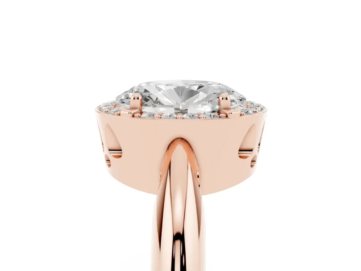 Oval Cut Cut Diamond Halo Engagement Ring with Split Shank and Four-Prong Setting Rose gold