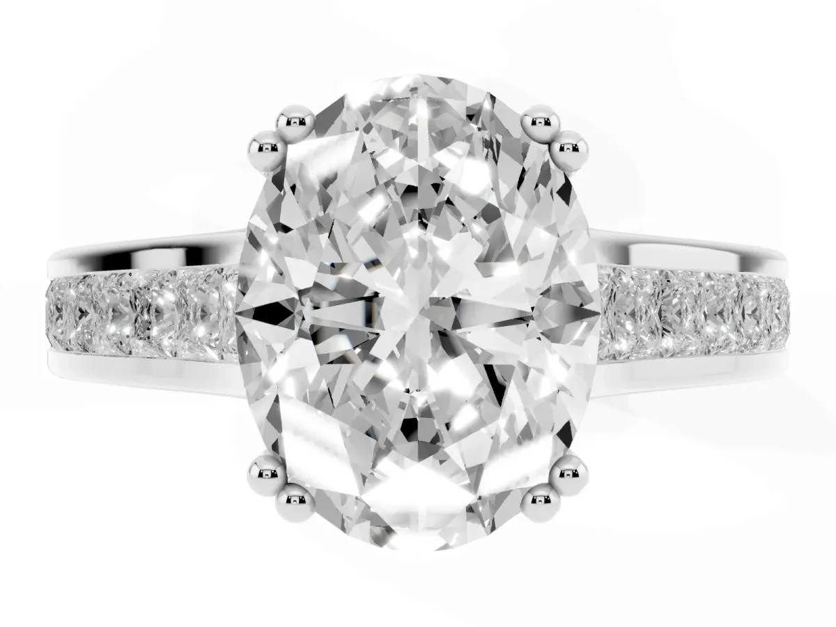 Oval Cut Cut Channel Set Solitaire Engagement Ring with Prong Setting Silver