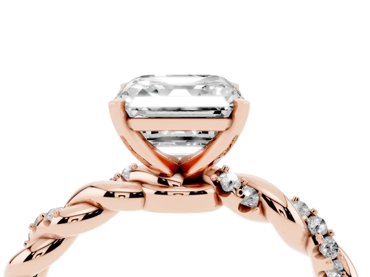 Asscher Cut Diamond Solitaire Ring with Twisted Band and Pavé Accents Rose gold