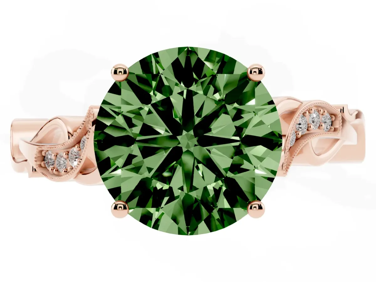 Fancy Green Round Cut Solitaire Vine Band with Milgrain Prong Setting Rose gold