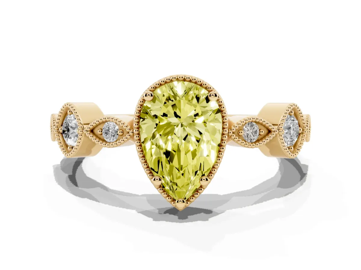 Fancy Yellow Pear Cut Diamond Vintage Milgrain Ring with Round Stations Yellow gold