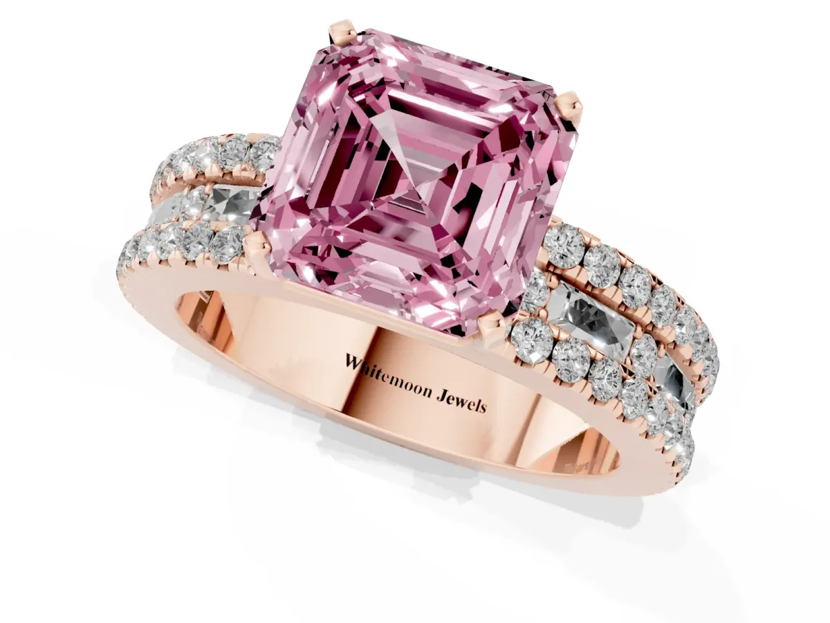 Fancy Pink Asscher Cut Diamond Solitaire Ring with Pavé and Channel Set Band Rose gold