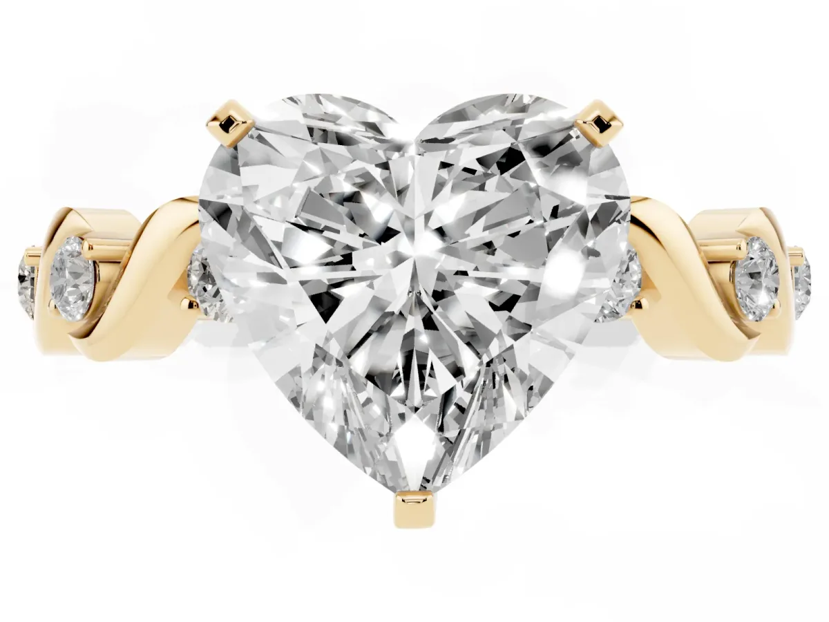 Heart Cut Diamond Solitaire Twisted Band with Round Accents and Prong Setting Yellow gold