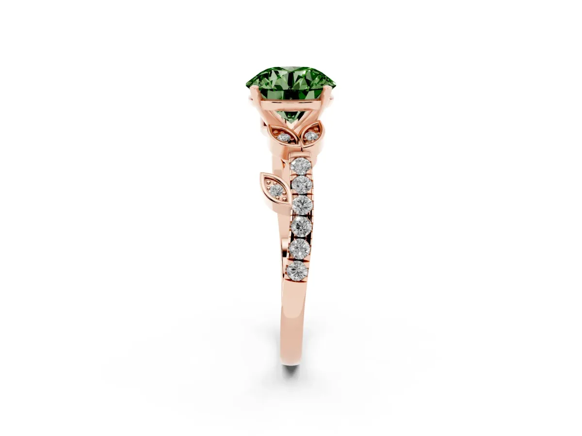 Fancy Green Round Cut Solitaire Leaf-Inspired Diamond Ring with Pavé Band and Four-Prong Setting Rose gold