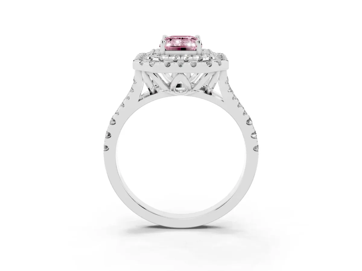Fancy Pink Double Halo Emerald Cut Diamond Pavé Split Shank Ring with Prong Setting White gold
