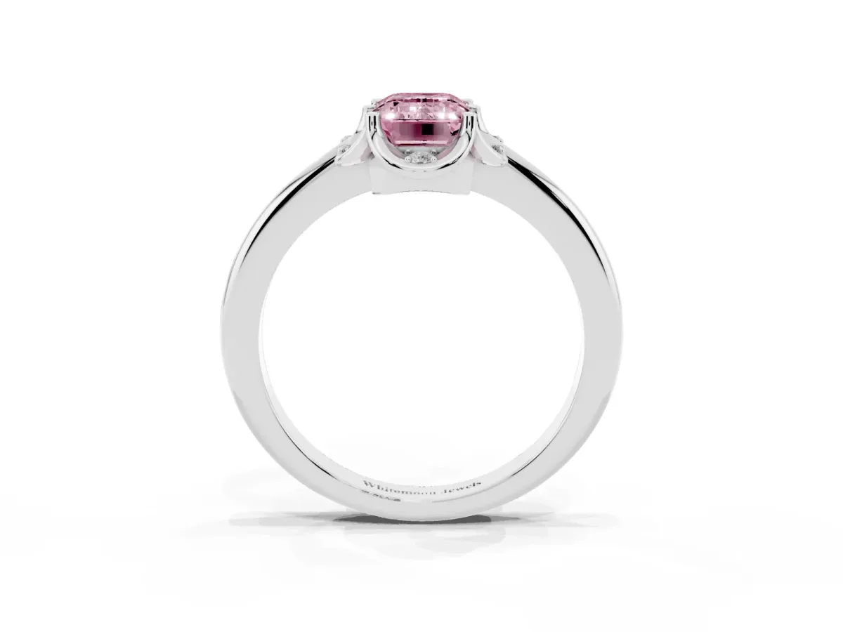 Fancy Pink Emerald Cut Halo Diamond Ring with Round Cluster Setting, Solitaire Band, and Four-Prong Setting Silver