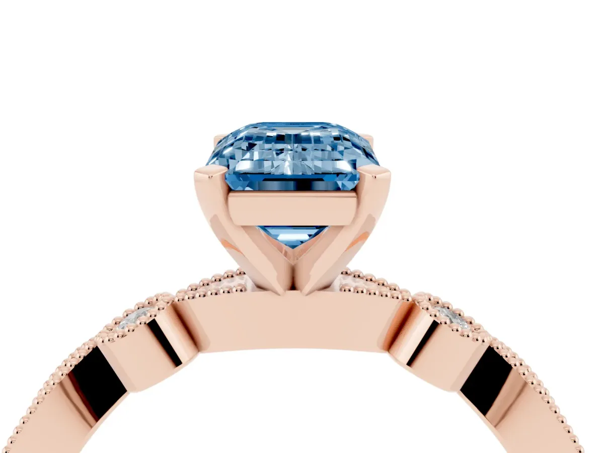 Fancy Blue Emerald Cut Milgrain Bezel Diamond Engagement Ring with Solitaire Prong Setting Rose gold