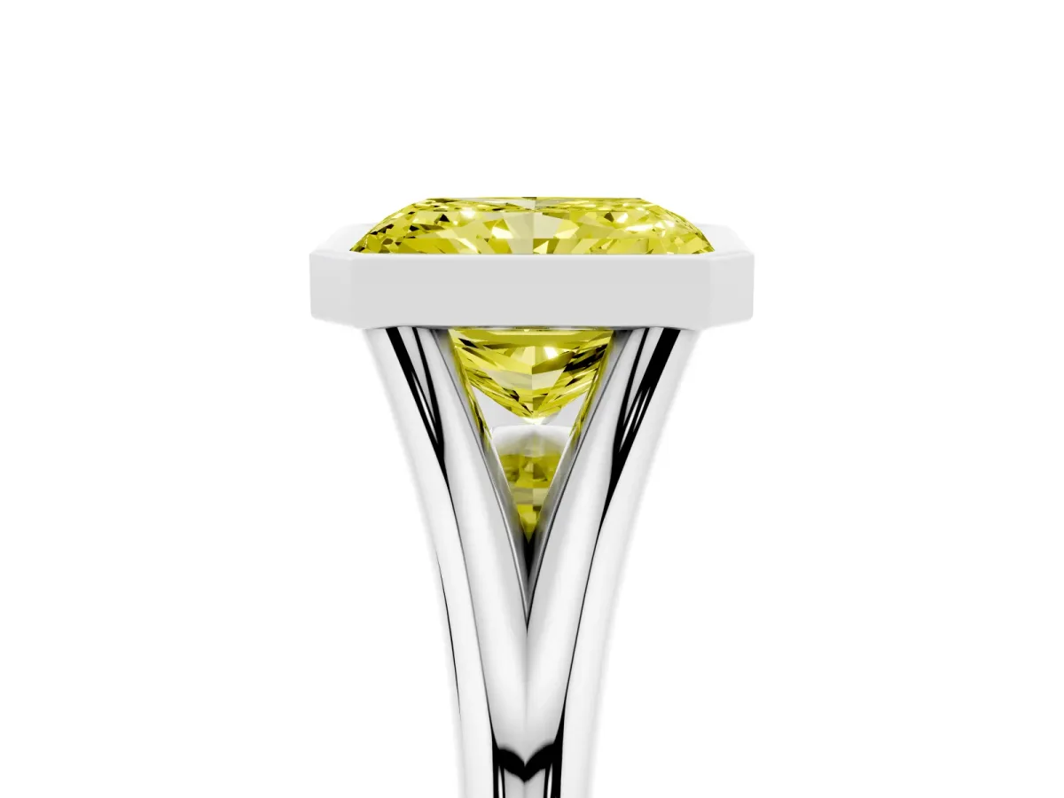 Fancy Yellow Bezel Set Radiant Cut Cut Solitaire Ring with Tapered Band Platinum