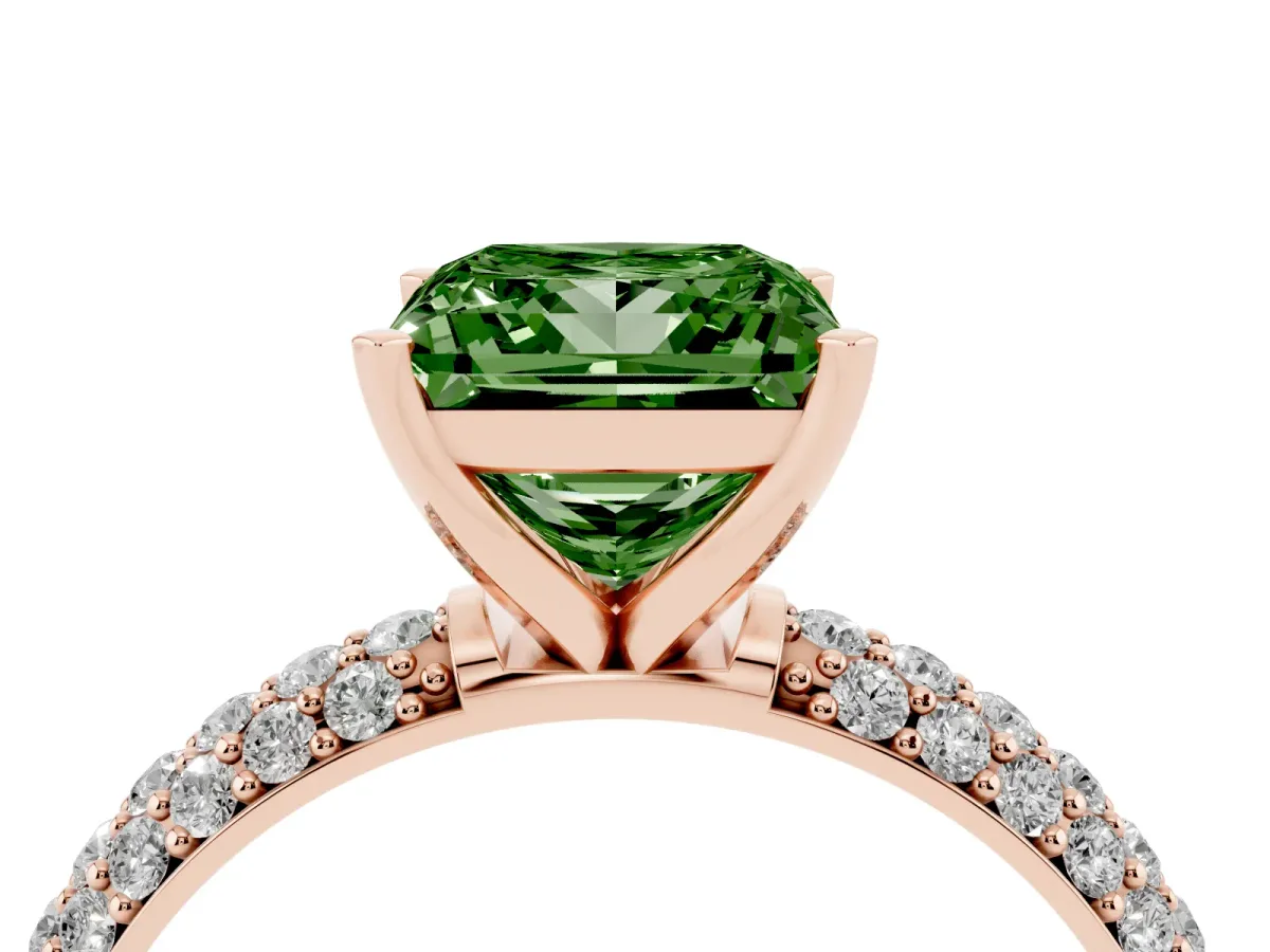 Fancy Green Princess Cut Diamond Solitaire Ring with Prong Setting and Pavé Band Rose gold