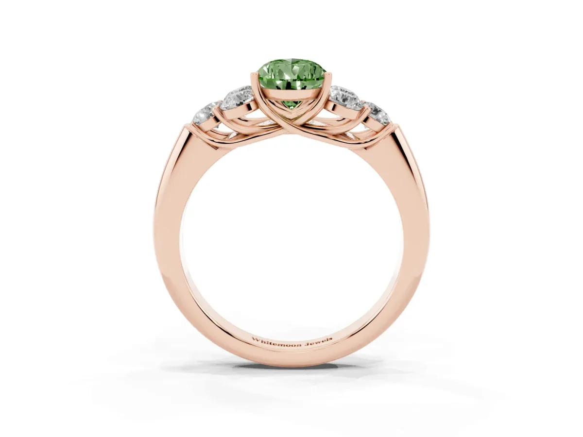 Fancy Green Pear Cut Cut Diamond Cluster Ring with Round Accent Stones and Prong Setting on a Classic Band Rose gold