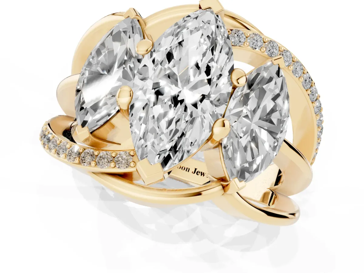 Three-Stone Marquise Cut Cut Diamond Split Shank Prong Set Ring Yellow gold
