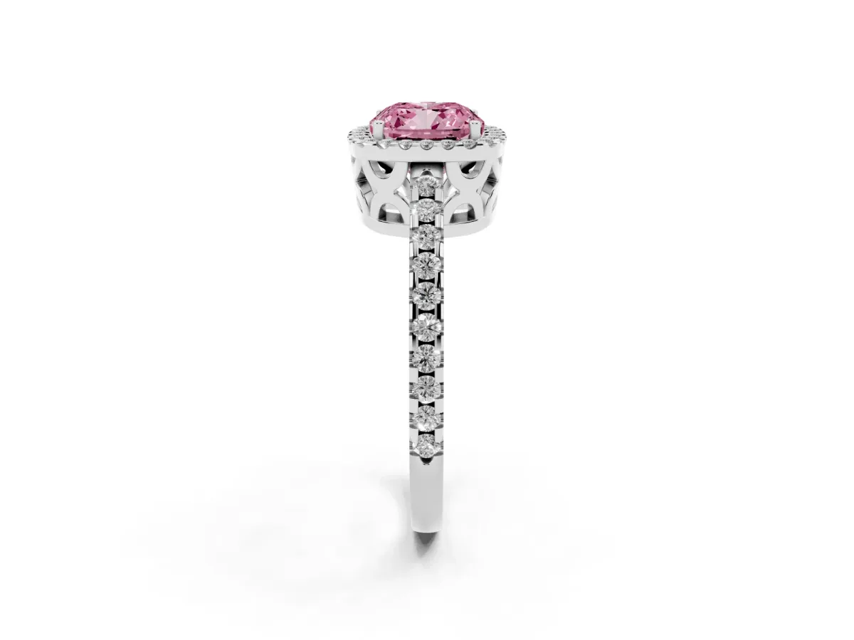 Fancy Pink Cushion Cut Diamond Halo Engagement Ring with Pavé Band and Prong Setting Silver