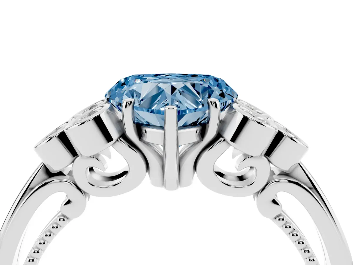 Fancy Blue Heart Cut Cut Diamond Engagement Ring with Bezel Set Round Side Stones and Prong Setting Silver