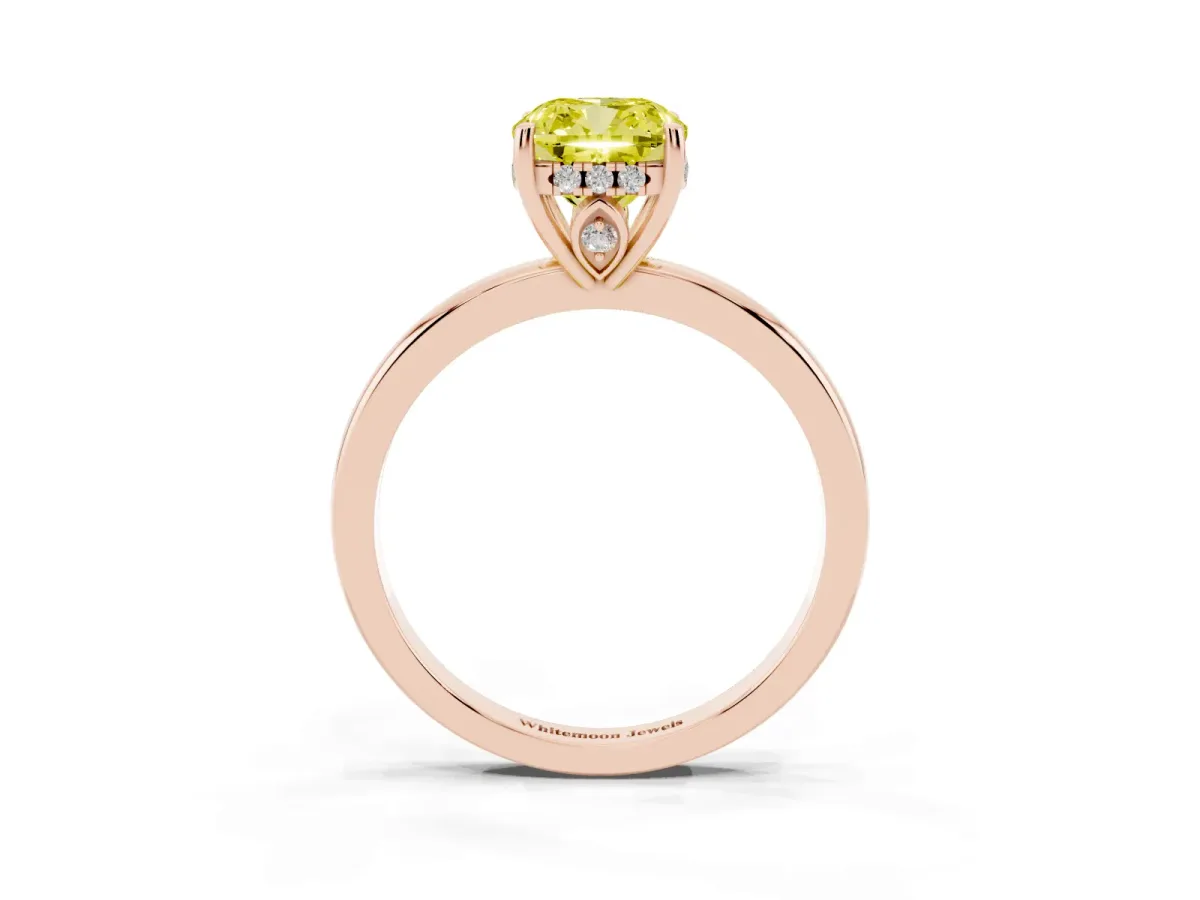 Fancy Yellow Cushion Cut Solitaire Diamond Ring with Prong Setting and Plain Band Rose gold