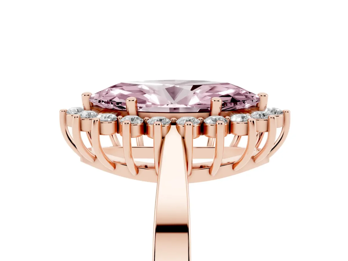 Fancy Pink Marquise Cut Cut Diamond Halo Ring with Round Brilliant Halo and Solitaire Band Rose gold