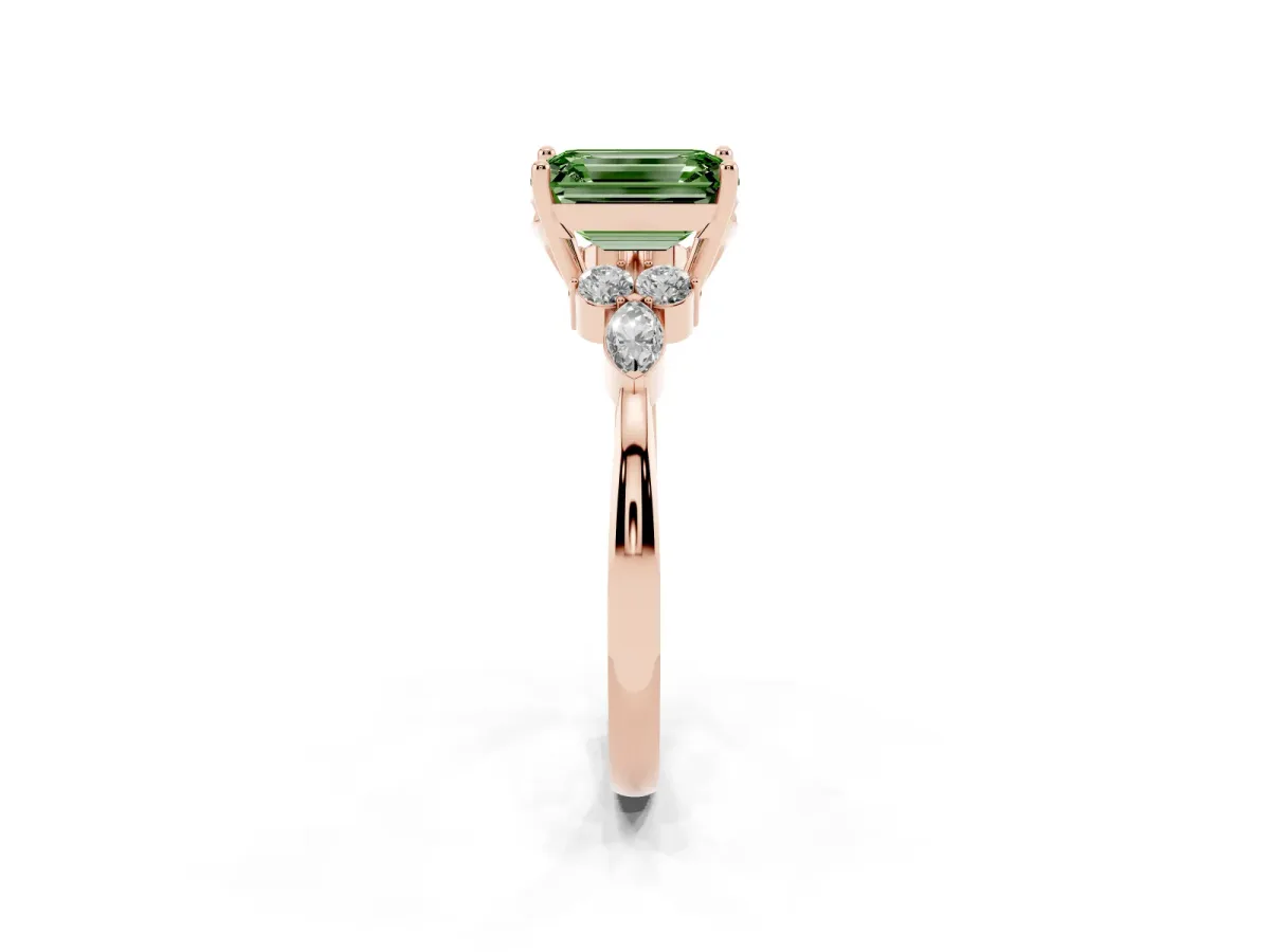 Fancy Green Emerald Cut Brilliant Diamond Solitaire Ring with Pear Side Stones and Four-Prong Setting Rose gold