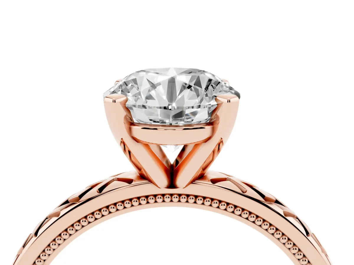 Round Cut Solitaire Diamond Ring with Milgrain and Black Enamel X Pattern Band Rose gold