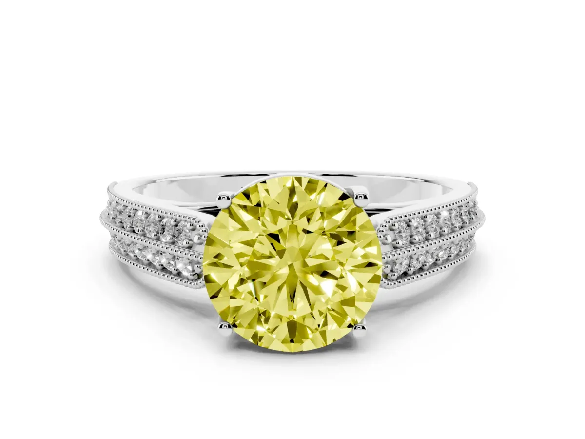 Fancy Yellow Round Cut Cut Pave Split Shank Engagement Ring with Four-Prong Setting White gold