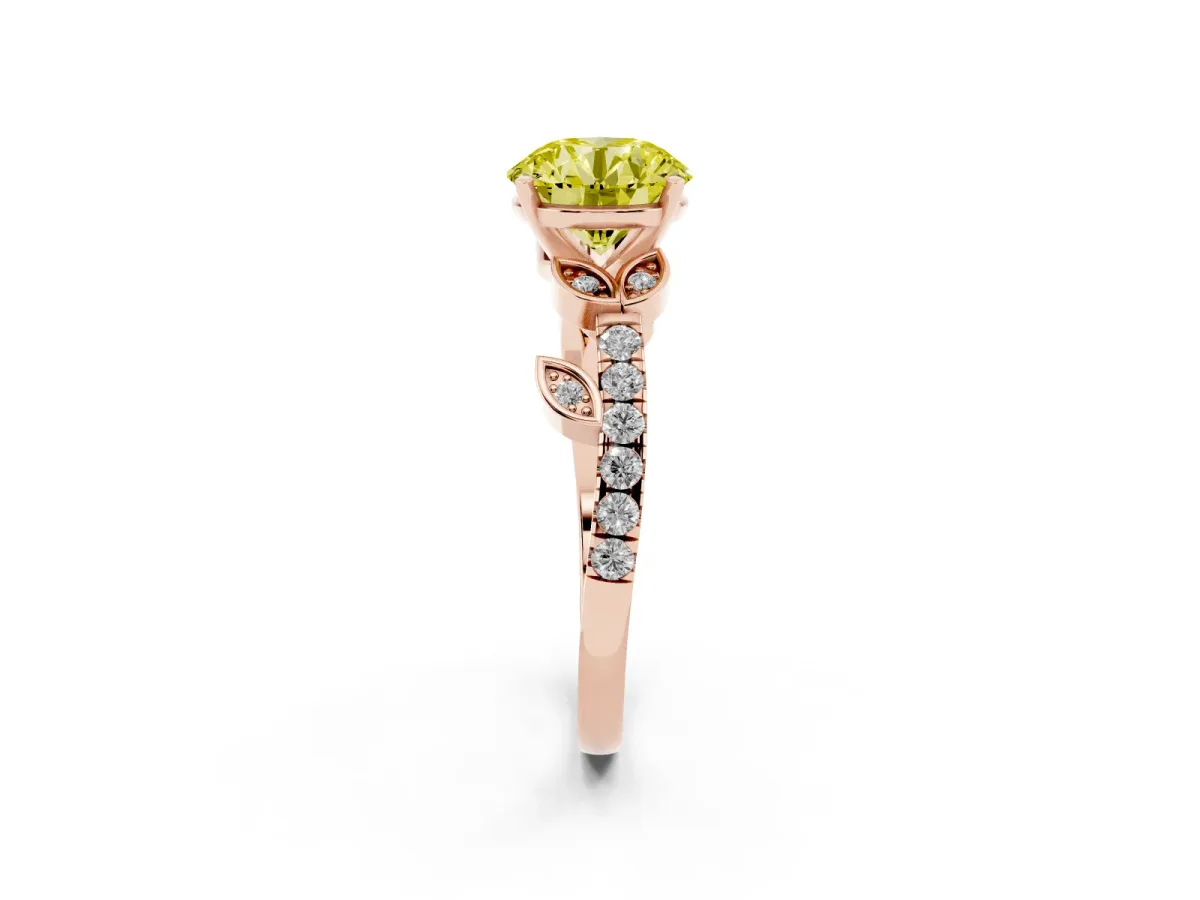 Fancy Yellow Round Cut Solitaire Leaf-Inspired Diamond Ring with Pavé Band and Four-Prong Setting Rose gold