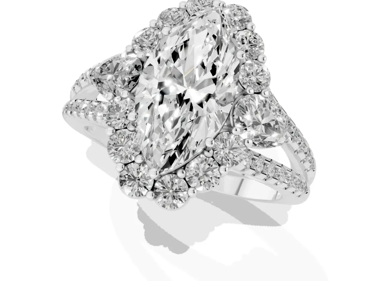 Marquise Cut Halo Split Shank Diamond Engagement Ring with Prong Setting Platinum