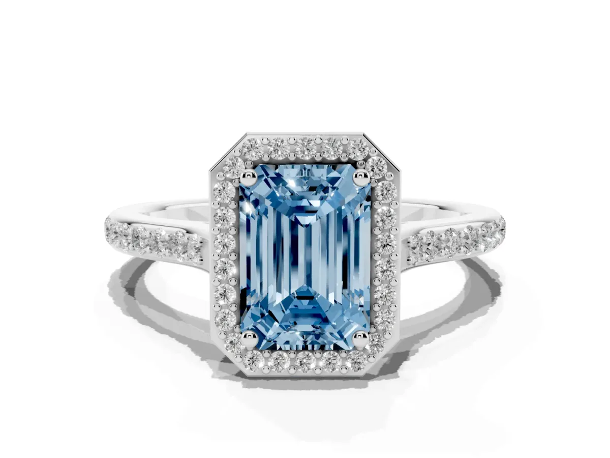 Fancy Blue Emerald Cut Diamond Halo Engagement Ring with Round Pavé Shoulders and Prong Setting Platinum