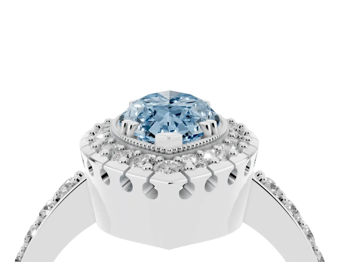 Fancy Blue Marquise Cut Diamond Halo Ring with Pavé Band and Prong Setting White gold