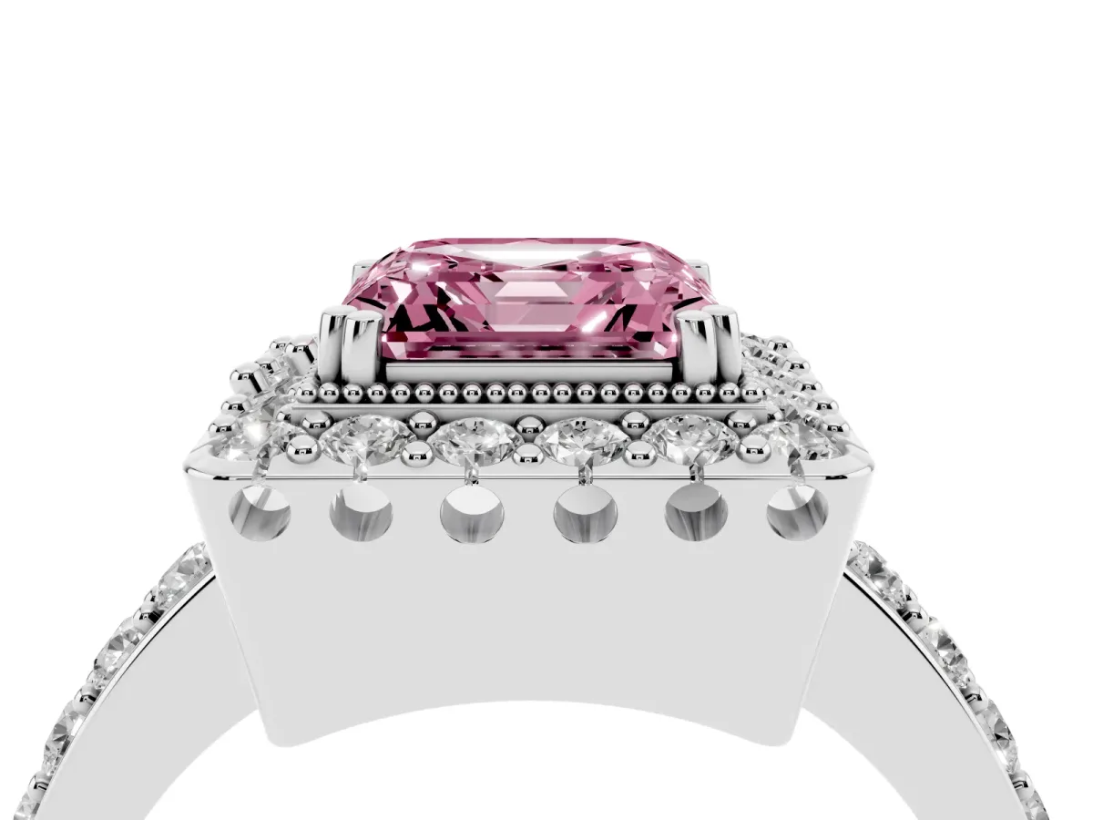 Fancy Pink Asscher Cut Diamond Halo Ring with Pavé Band and Prong Setting Silver