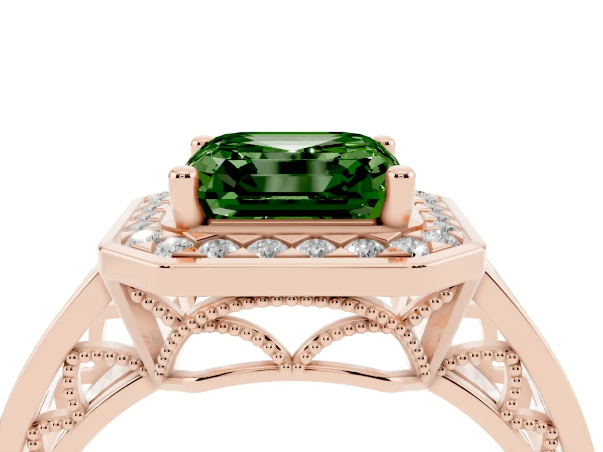 Fancy Green Asscher Cut Diamond Halo Ring with Split Shank and Bezel Accents and Prong Setting Rose gold