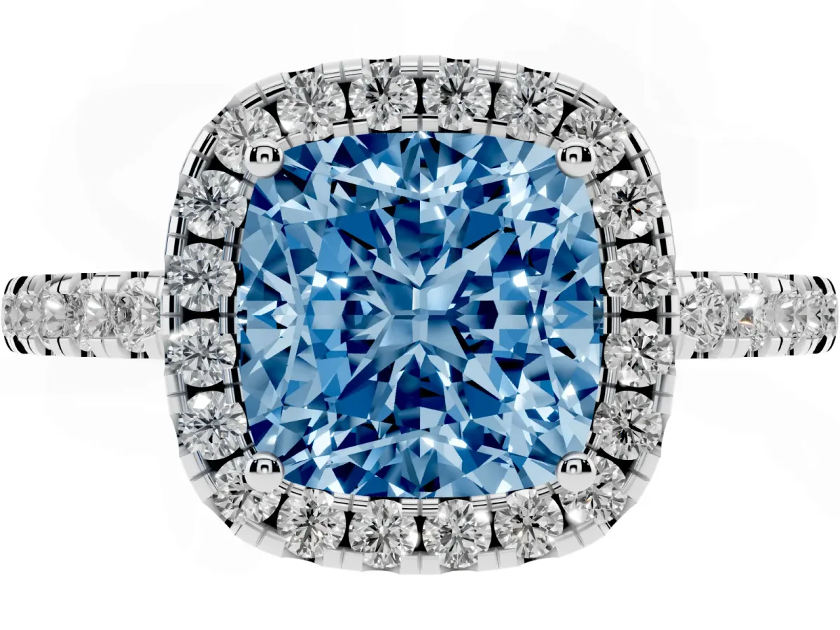 Fancy Blue Cushion Cut Halo Diamond Engagement Ring with Pavé Band and Four-Prong Setting Platinum