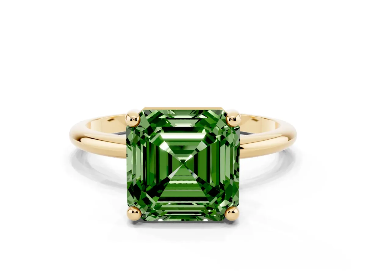 Fancy Green Asscher Cut Solitaire Diamond Ring with 4-Prong Setting on a Classic Band Yellow gold