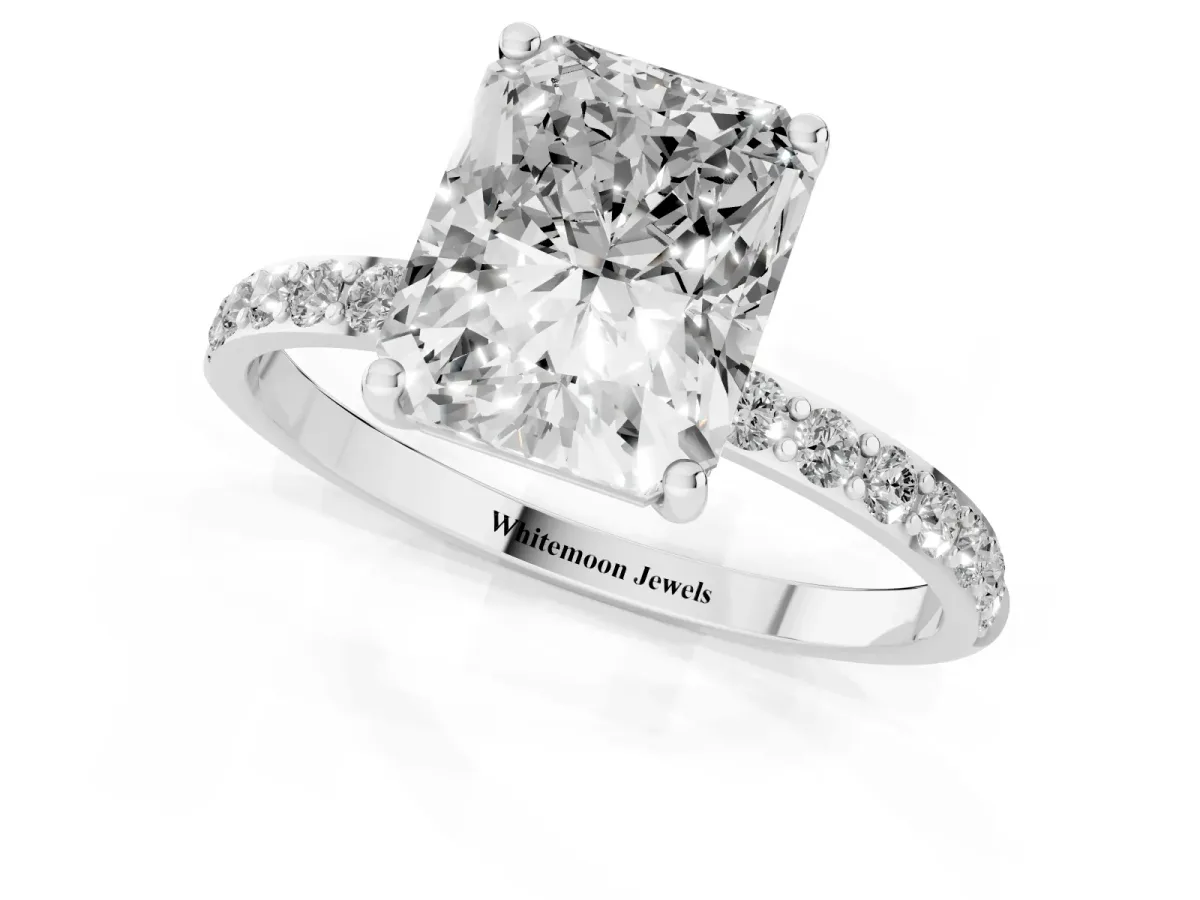 Radiant Cut Diamond Solitaire Ring with Round Pavé Shoulders and Prong Setting Platinum