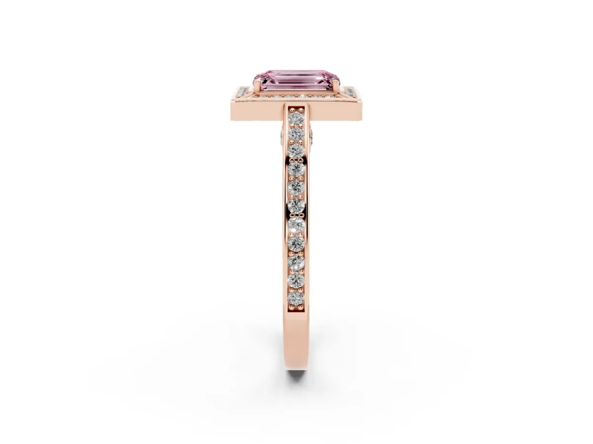 Fancy Pink Emerald Cut Cut Halo Pave Split Shank Prong Setting Ring Rose gold