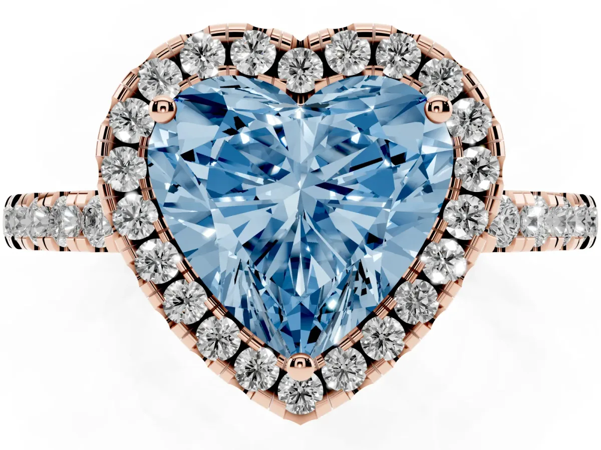 Fancy Blue Heart Cut Halo Diamond Engagement Ring with Pavé Band and Four-Prong Setting Rose gold