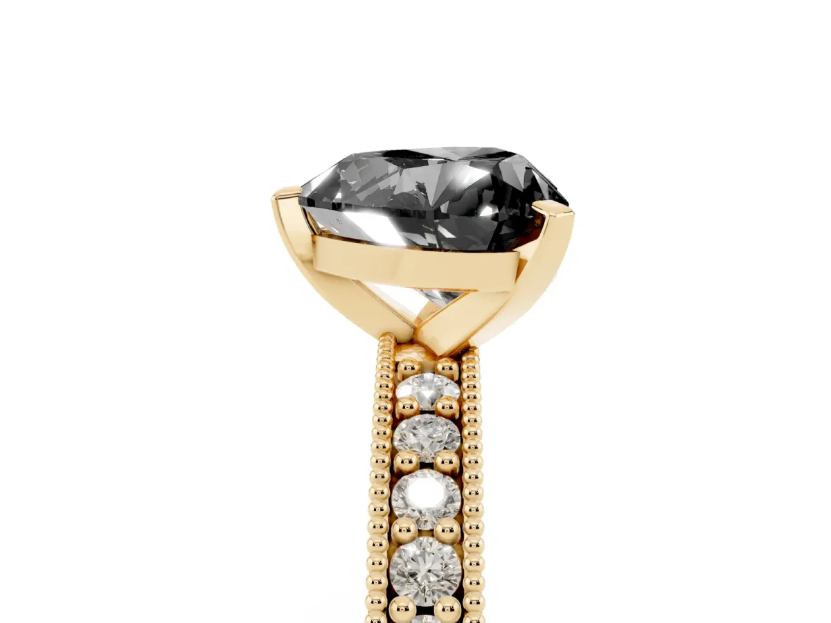 Fancy Black Heart Cut Diamond Milgrain Pavé Engagement Ring with Four-Prong Setting Yellow gold