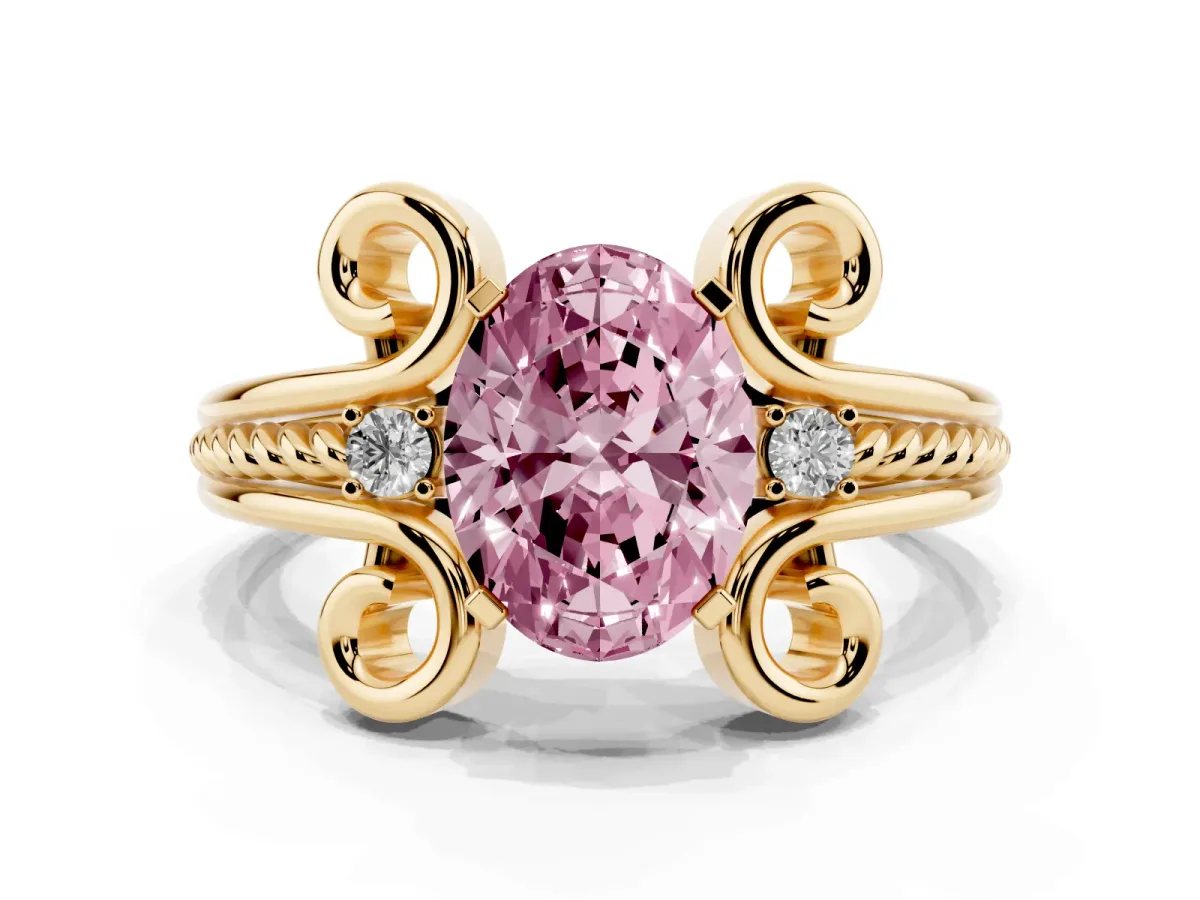 Fancy Pink Oval Cut Solitaire Twisted Band Scroll Prong Ring Yellow gold
