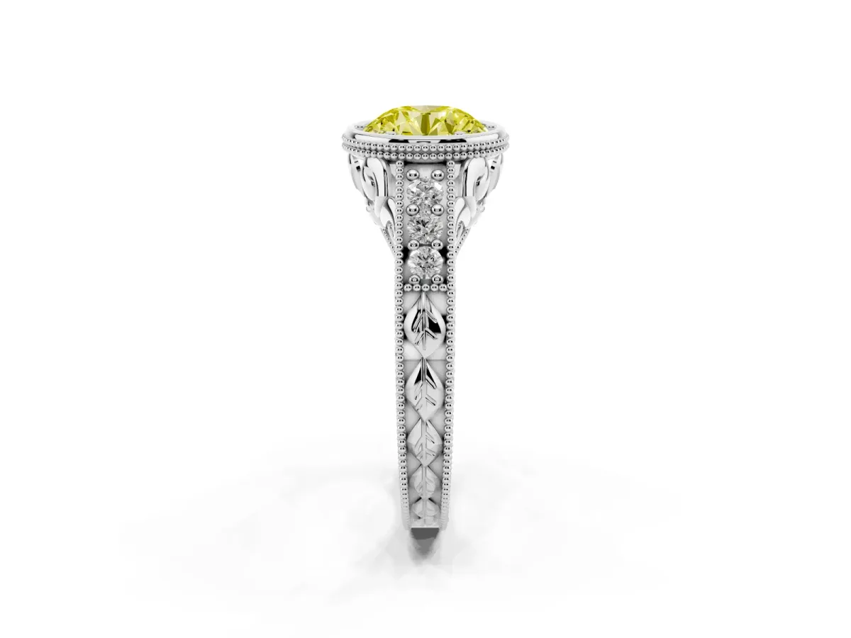 Fancy Yellow Bezel Set Round Cut Diamond Milgrain Pave Engagement Ring Silver